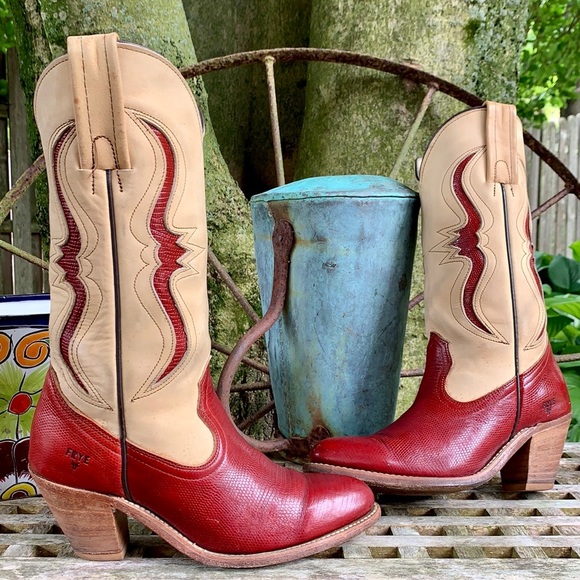 Sold FRYE Vintage USA Red Lizard Leather Heeled Cowgirl Cowboy Western Boots 7 - Picture 10 of 12